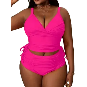 Plus Size Women's Hot Pink Spaghetti Strap Crop Top & High Waist Bikini Set for Summer Beach Vacation