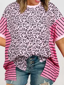Women Pink Leopard Striped Patchwork Side Slit Loose Short Sleeve Top, Casual Relaxed Fit Short Sleeve T-Shirts Side Slit Loose Blouses Summer Fashion Apparel Lightweight Tunics Soft Daily Outfits Trendy Wardrobe Staples