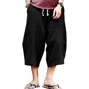 Mens Casual Baggy Cotton Linen Pocket Lounge Harem Pants Beach Long Shorts