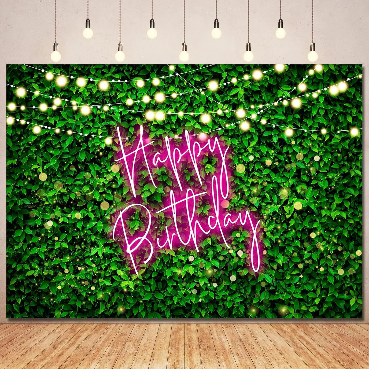 Green Leaves Birthday Backdrop - Pink Neon Happy Birthday Backdrop Banner, Greenery Grass Photography Background, Women  Bday Party Supplies, Photo Booth Props - 7x5ft
