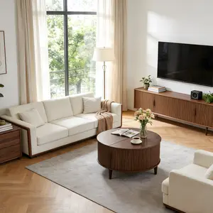 Round Coffee Table, Wood Coffee Tables for Living Room with Storage, 2-Tier Center Circle Counter with Wooded Desktop, 110 lbs Capacity, Anti-Slip Feet, Modern Farmhouse Design