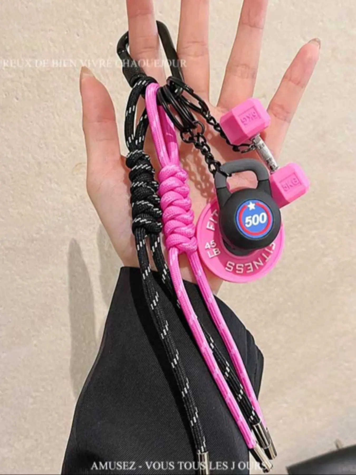 Creative Double Woven Rope Sports Fitness Pendant Keychain Set Dumbbell Pendant Keychain Weight Plate Gym Keychains Kettle Bell  Dumbbell-like Bag Charms Barbell Kettlebell Keyring Handmade Braided Rope Hanging Accessories Backpack Handbag Charm Women Men