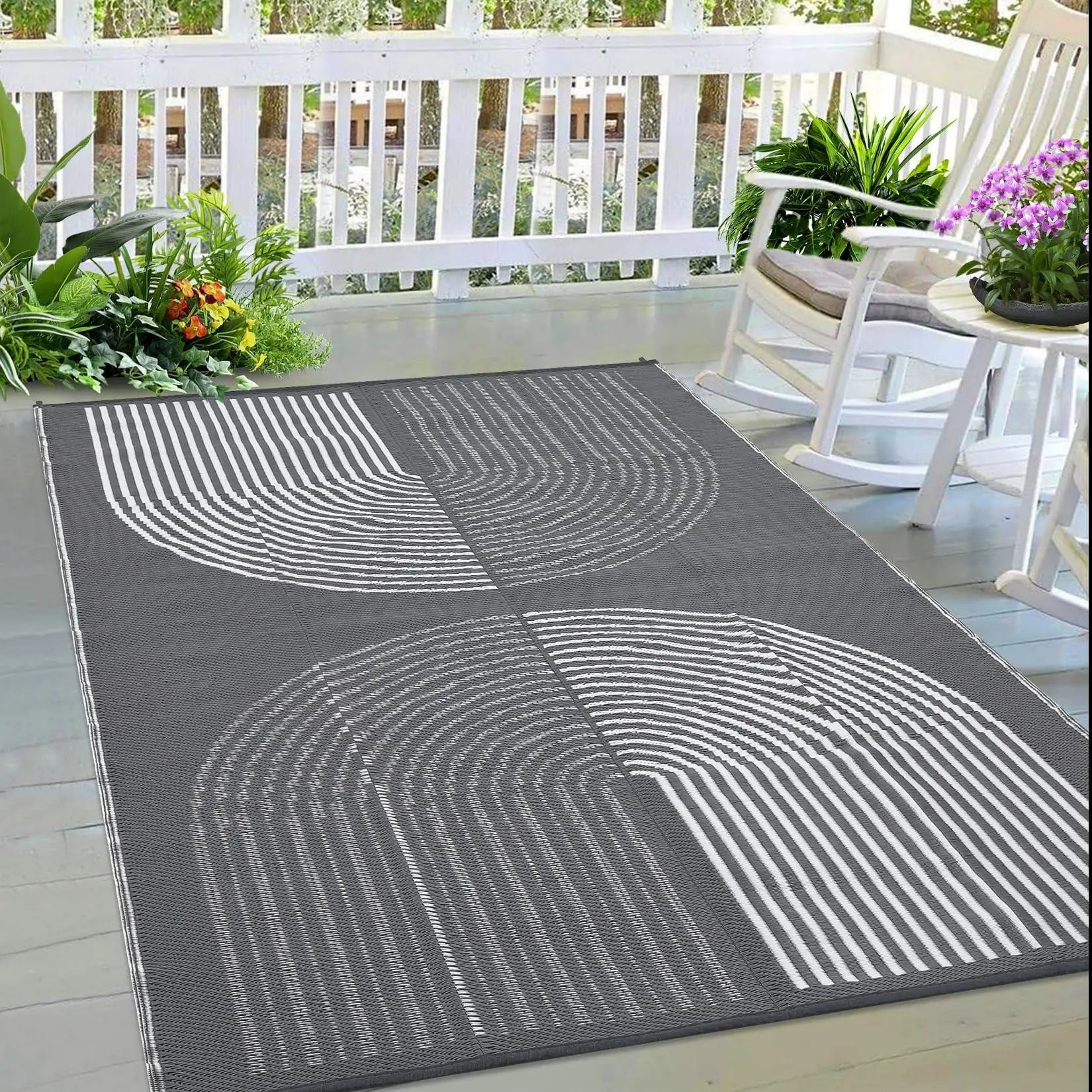 Outdoor Rug 6x9 Ft, Waterproof Plastic Reversible Rug, Modern Area Rug, Large Floor Camping Mat for Outdoors, RV, Patio, Backyard, Deck, Picnic, Beach, Trailer, Camping(Grey & White)