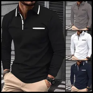 Raw Street Wear Men's Casual Long Sleeved Polo Shirt with Pockets Made of 100% Polyester Knit Fabric Regular Style Solid Color Elastic