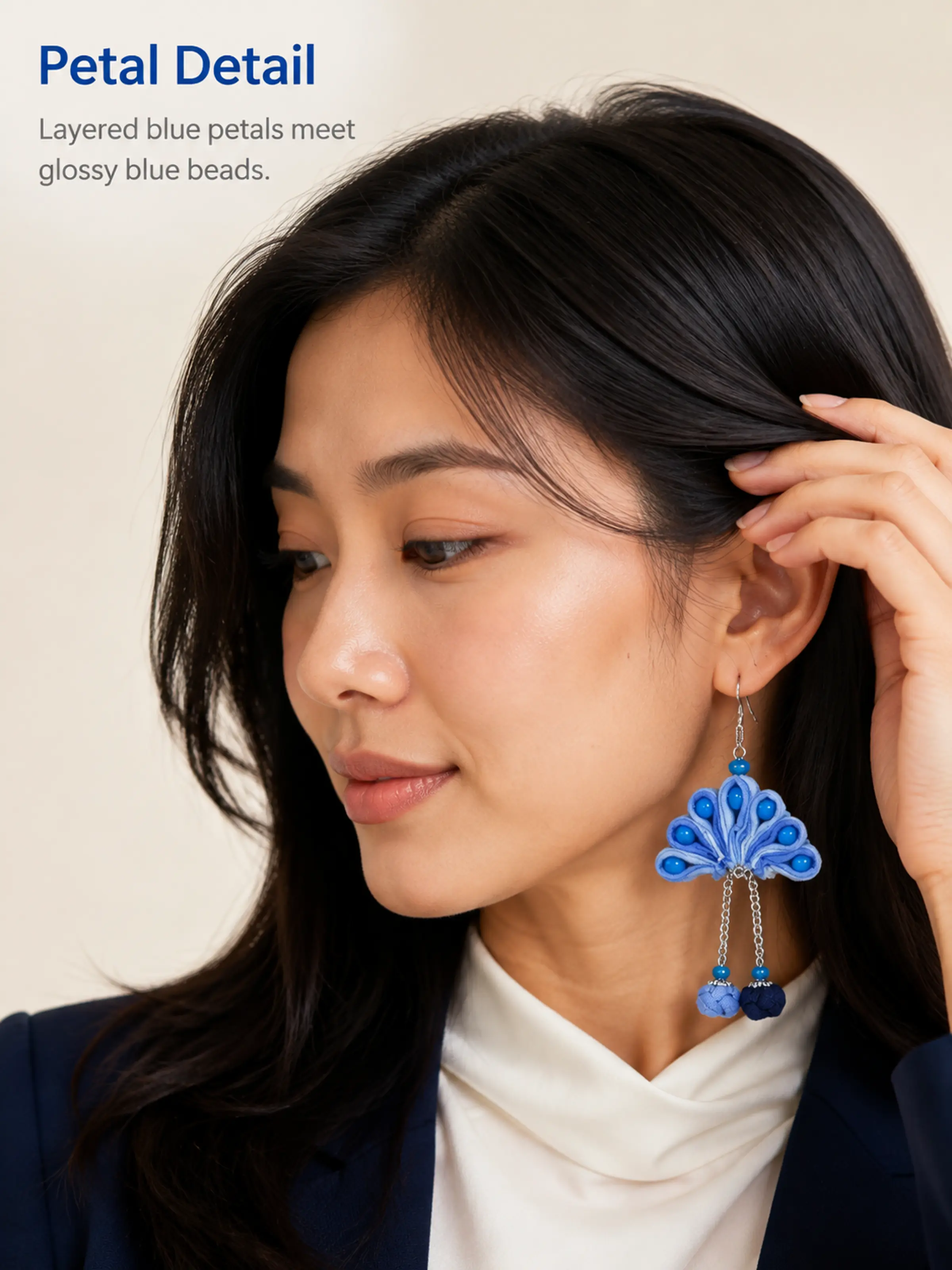 Women's Miao-Inspired Handmade Statement Earrings, Peacock-Shape Gradient Blue Fabric Petals with Glossy Blue Bead Inlay, Dual Silver-Chain Tassel Dangles for Office Daily Use