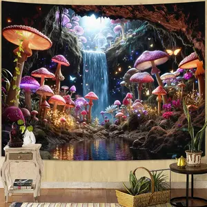 Dreamy Mushroom Waterfall Tapestry, Fairy Butterfly Cave Wall Tapestry, Bedroom Aesthetics Natural Magic Flower Small Tapestry Wall Hanging Dormitory Living Room Decoration