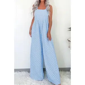 USA Brand Checkered Pocketed Wide Leg Overalls for Women - Buttoned, Opaque, 95% Polyester 5% Elastane, Machine Washable, Imported