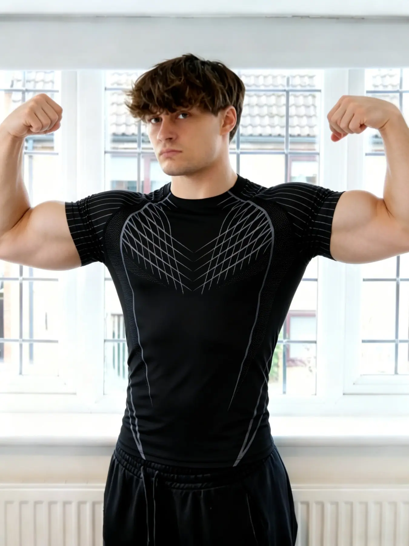 Men's European Style Tech Line Fitness Compression T-Shirt, Athletic Compression Shirts, High Elasticity Quick-Dry Breathable Fabric, Slim Fit Muscle Show Design, Compression Sports Tee