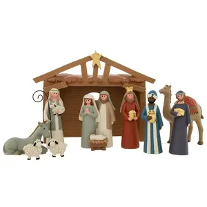 Nativity Scene With Creche 10 Piece Set Durable Resin Holy Family Figures Wise Men Shepherd Camel Donkey Sheep Gold Accents Perfect for Display