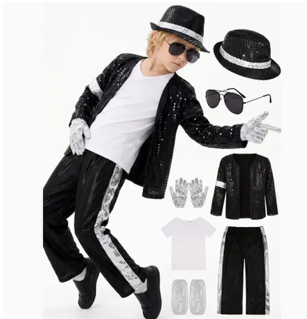 7PCS Kids Halloween Cosplay Michael Costume Set, Jackson Boys Sequined Jacket Pants Hat Gloves Sunglasses Microphone Accessory Kit, Classic Pop Star Outfit for Stage Performance Birthday Party Dress Up