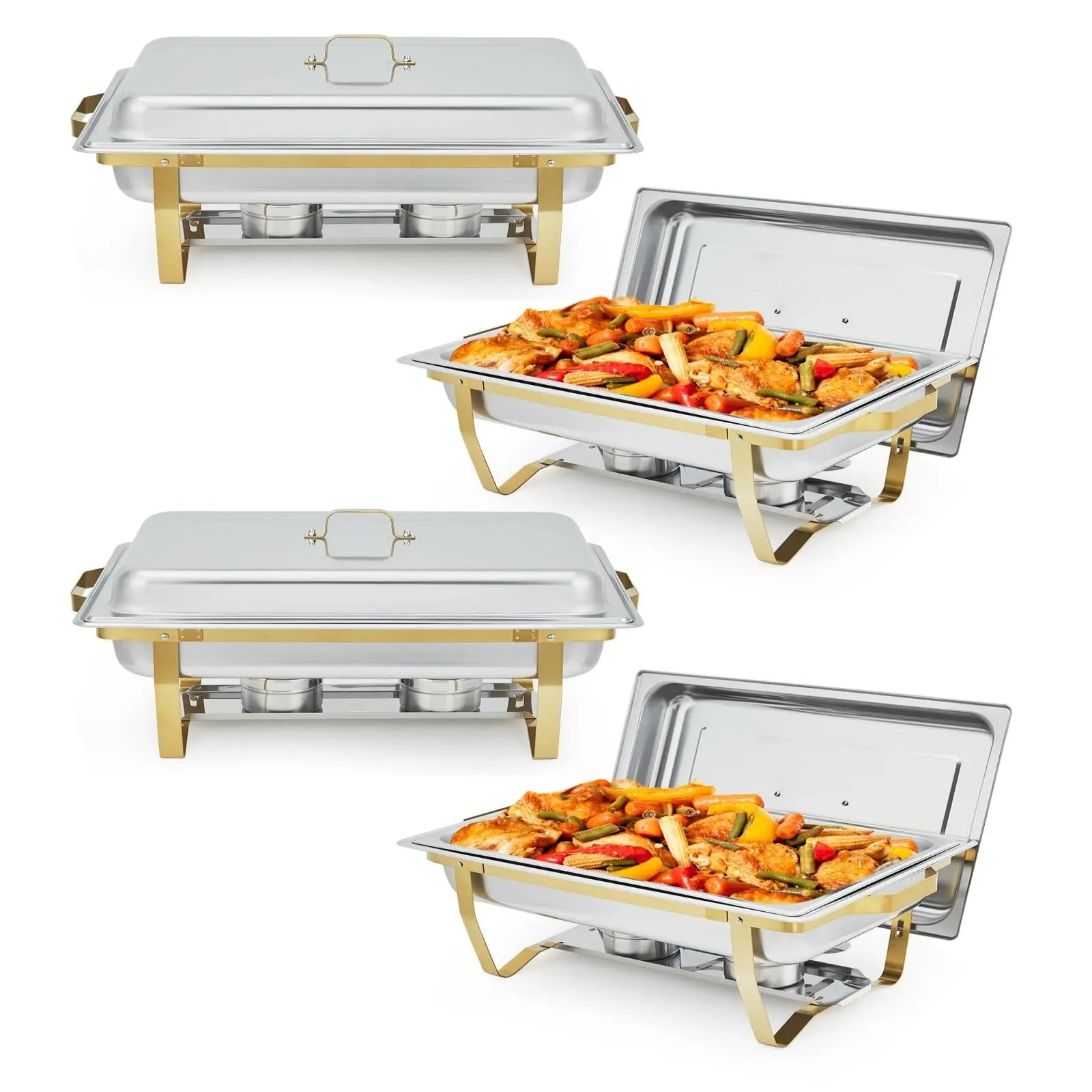 8QT Stainless Steel Buffet Servers and Warmers Set (4-Piece) with Lids, Foldable Frame, Stackable Pans & Dishes for Catering, Gold Outdoor Furniture Supply, Desserts, Tray