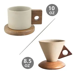 Ceramic Coffee Cup Set with Acacia Wooden Saucer Natural Earthiness Finish Durable Porcelain Mug for Espresso Latte Cappuccino Tea Gift for Coffee Enthusiasts Sustainable Design Drinkware Aesthetic
