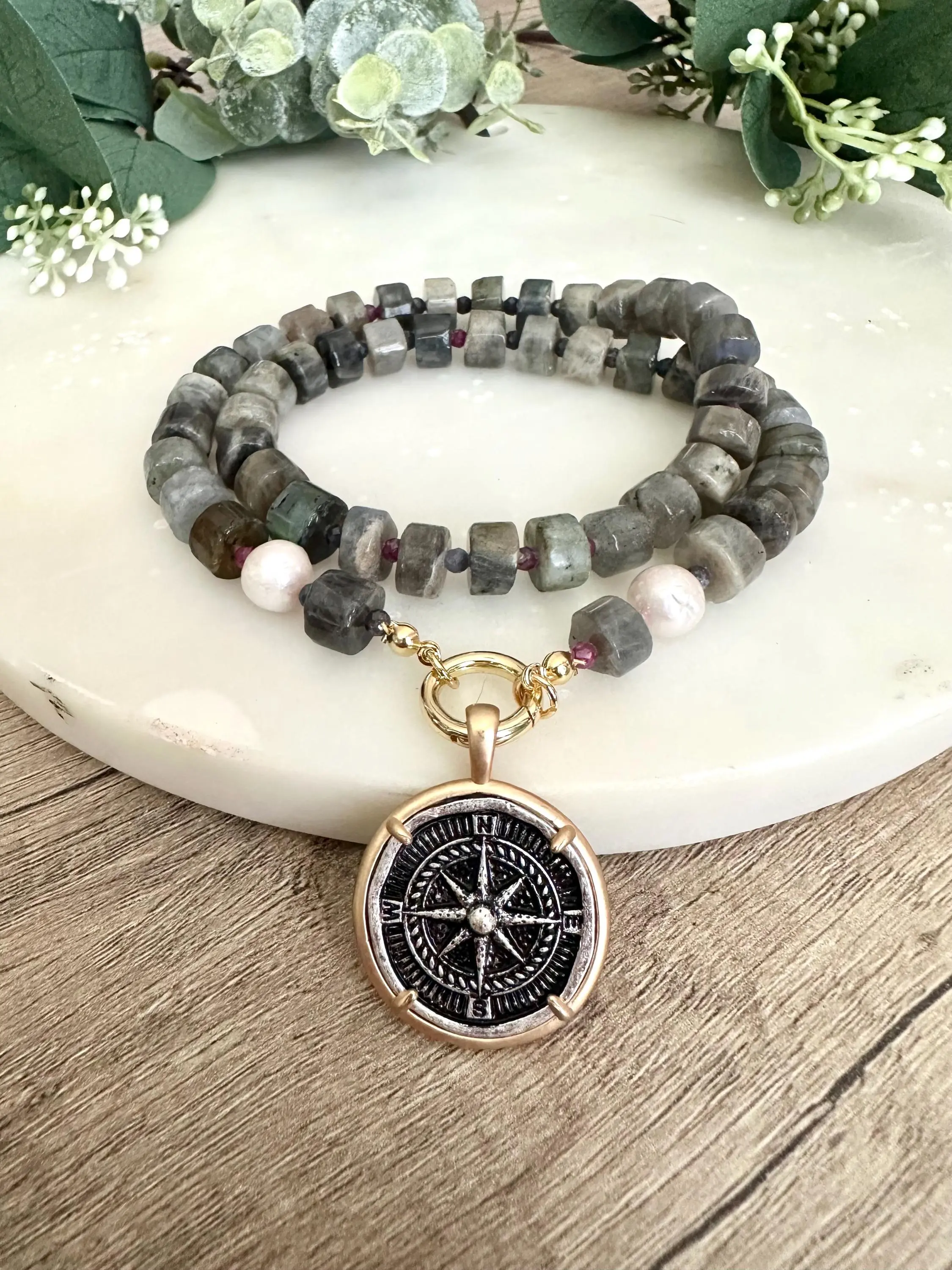 Blue Black Labradorite Beaded Necklace Coin Compass Pendant Chunky Necklaces -Gift-Wedding-Bridesmaid