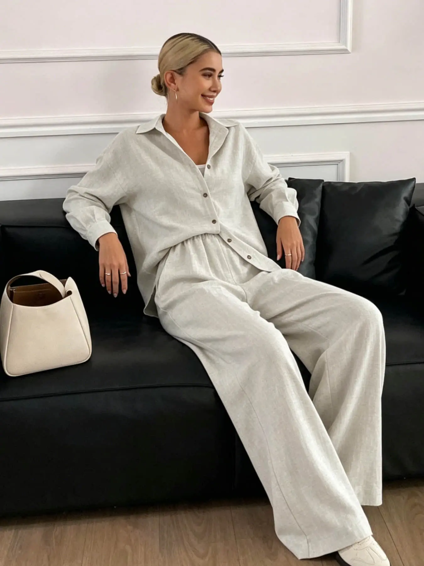 Two piece set of women's relaxed, Casual, Baggy Loose-Fitting plain textured long sleeved shirt+high waist wide leg pants set, suitable for all seasons, short trips, shopping, daily home, workplace, commuting