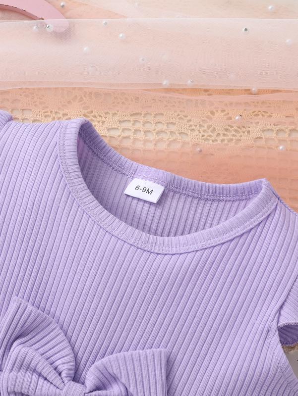 3-Piece Cute Fashionable Casual Comfortable Baby Girl Bow Decoration Floral Print Solid Color Ribbed Ruffle Edge Dress Gift Set Perfect for Summer Daily Outings Vacations and Parties