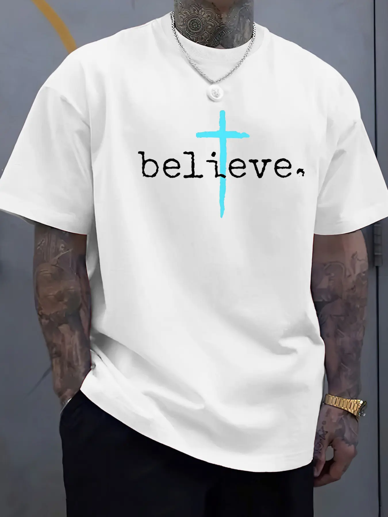 Believe" Cross Graphic Men's T-Shirt - Soft, Casual Round Neck, Ribbed Collar, Slight Stretch, All-Season Wear in Multiple Colors, Casual Summer Tee | Religious Fashion | Stylish Lettering