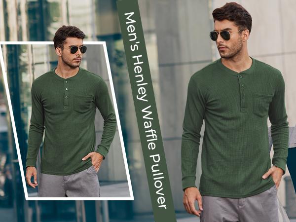 Fall Outfits Limited Time Clearance Men's Henley Shirts Long Sleeve Basic Waffle Pique Pullover Thin T-Shirt with Pocket