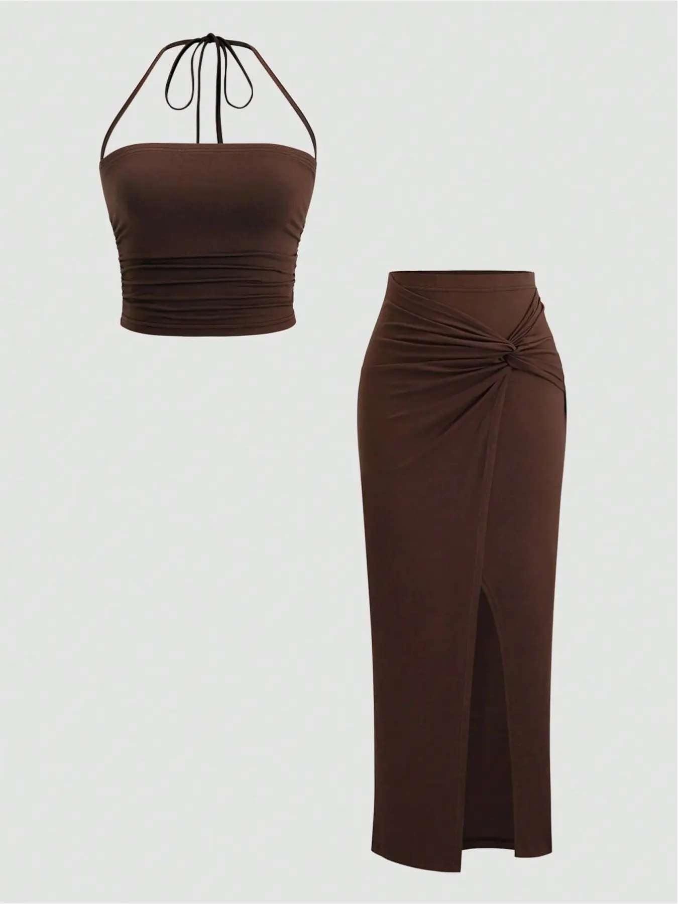 Women's sexy slit twisted front exposed sleeveless top and watch skirt two-piece set Womenswear Clothes Bodycon Ruched Skirt Set