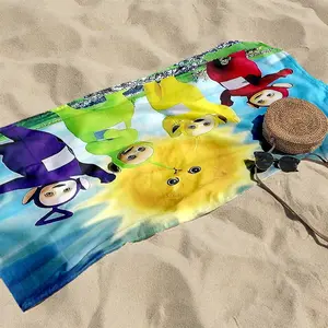 1 piece Teletubbies and cute pets posing together in the sunshine themed beach towel - Modern-style all-season flannel blanket, suitable for sofas and beds, super soft and comfortable, digitally printed pattern, 100% polyester material, machine