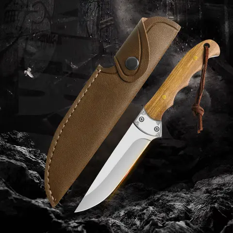 Stainless Steel Fixed-Blade Survival Knife with Sheath - 22cm Ergonomic Non-Slip Wood Handle, 9.7cm Blade, Bushcrafting/Camping Tool, for Cooking Meat & Veggies, Adults' Tactical Use