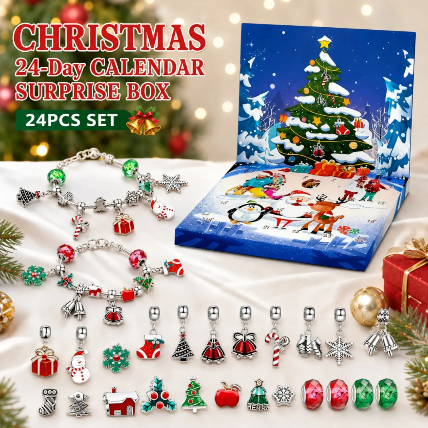 24-Day Advent Calendar Christmas Limited Surprise Box Set Charm Bracelet Making Kits Handmade Bracelet for Women 24Pcs DIY Jewelry Supplies Christmas Style Cute Accessories Santa Claus Pendant Snowflower Beads Best Gift for Girls for Christmas