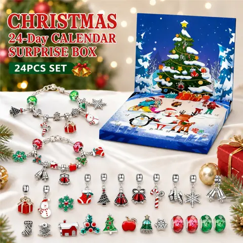 24-Day Advent Calendar Christmas Limited Surprise Box Set Charm Bracelet Making Kits Handmade Bracelet for Women 24Pcs DIY Jewelry Supplies Christmas Style Cute Accessories Santa Claus Pendant Snowflower Beads Best Gift for Girls for Christmas 2Pcs Set