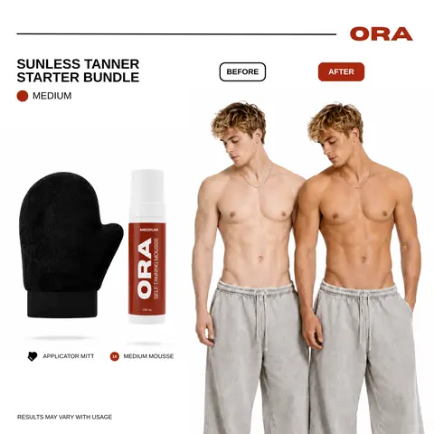 ORA Medium Self Tanning Mousse Starter Kit - 200mL Self Tanner + Premium Velvet Applicator Mitt | Streak-Free Sunless Tanner for Men, Natural Looking Fake Tan, Muscle-Defining, Fast-Drying, Vegan & Cruelty-Free