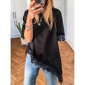 Summer Fashion Asymmetric Lace Trim Short Sleeve Satin Top, Stylish Design, Perfect for Casual Wear, Women's Clothing