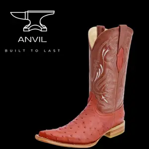 Anvil Cognac Embossed Ostrich Boots 3x - Slip On Round Toe Winter Shoes with Durable Leather Sole & Stacked Heel for Comfort