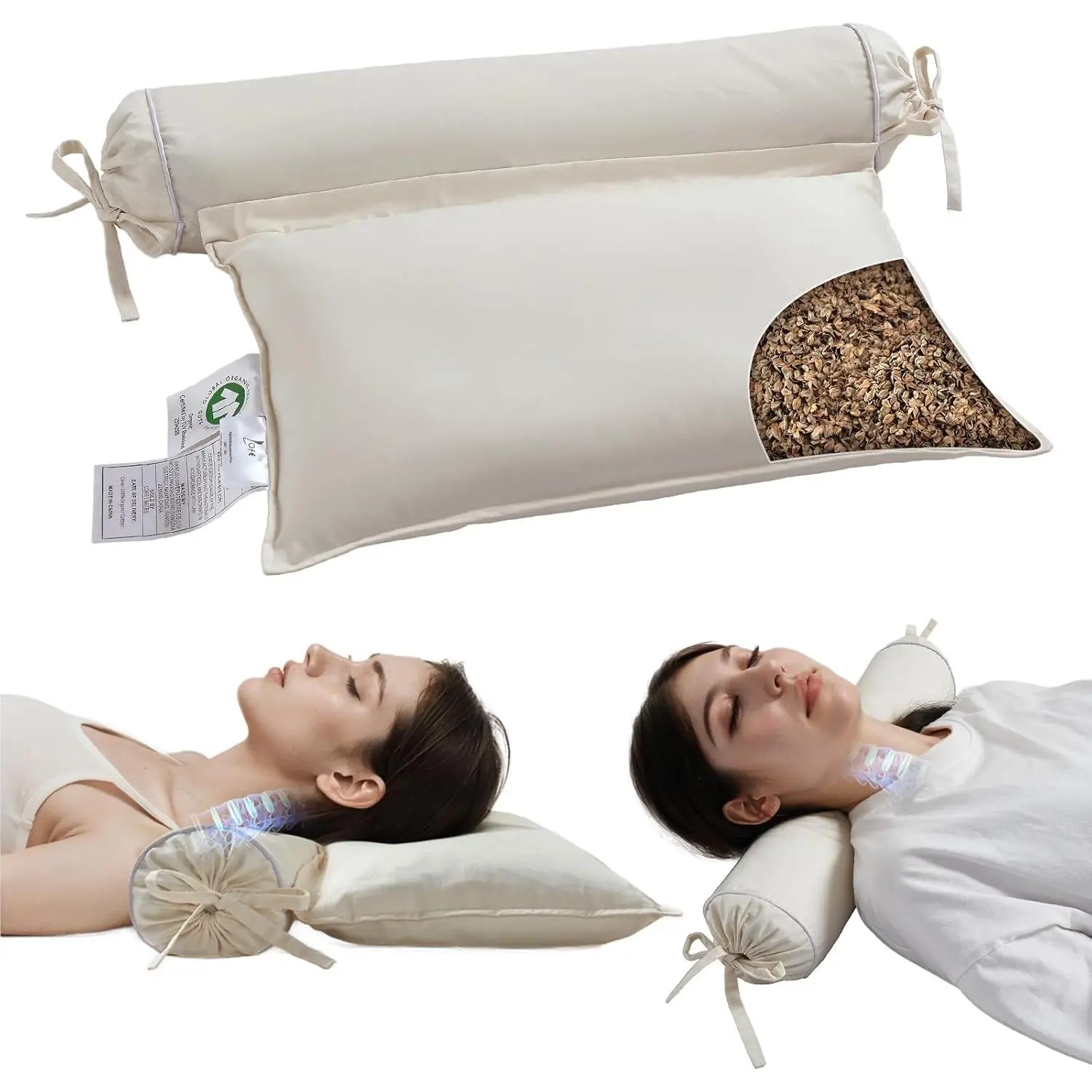 Buckwheat Pillow - 2IN1 Buckwheat Hull Pillow, Tartary Buckwheat Neck Roll Pillow for Superior Support, Adjustable Cervical Neck Pillow for Side, Back, Sto