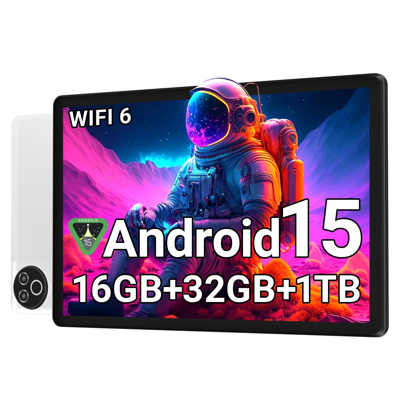 Android 15 tablet, 10 inches, 16GB RAM, 32GB ROM, expandable up to 1TB, fast Wi‑Fi 6 and Bluetooth 5.4, 5‑core processor, high‑definition IPS touchscreen, 8H+ battery life, dual cameras, suitable for children and adults, ideal as a gift for streaming and