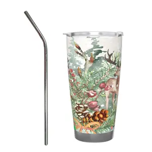 20oz Car Mug with Single Silver Rimmed Edge - with Stainless Steel Straw(sika deer)