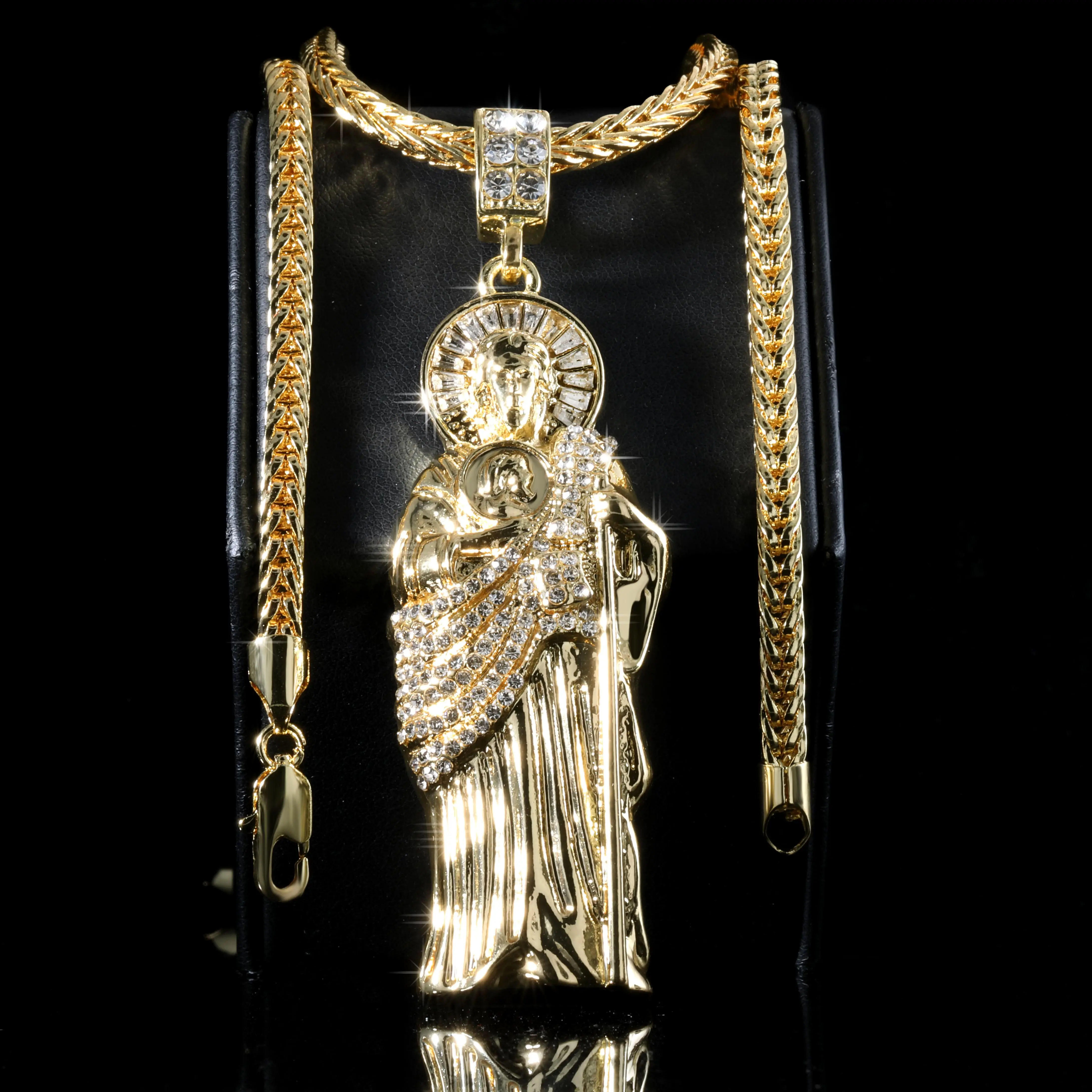 L2JK Men's Gold Plated Iced San Judas Pendant Necklace - 4mm Thick Franco Chain (20in,24in,30in) - Ideal for Father's Day,Anniversary,Birthday Layering Costume Jewelry Accessory