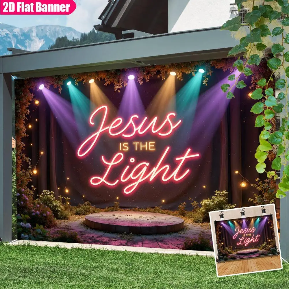 2D Flat Polyester Photography Backdrop Banner - HD Digitally Printed Stage Lights Design, "Jesus IS THE Light" Slogan, Soft Lightweight Foldable Cloth Decor for Church Events, 2D Flat Banner