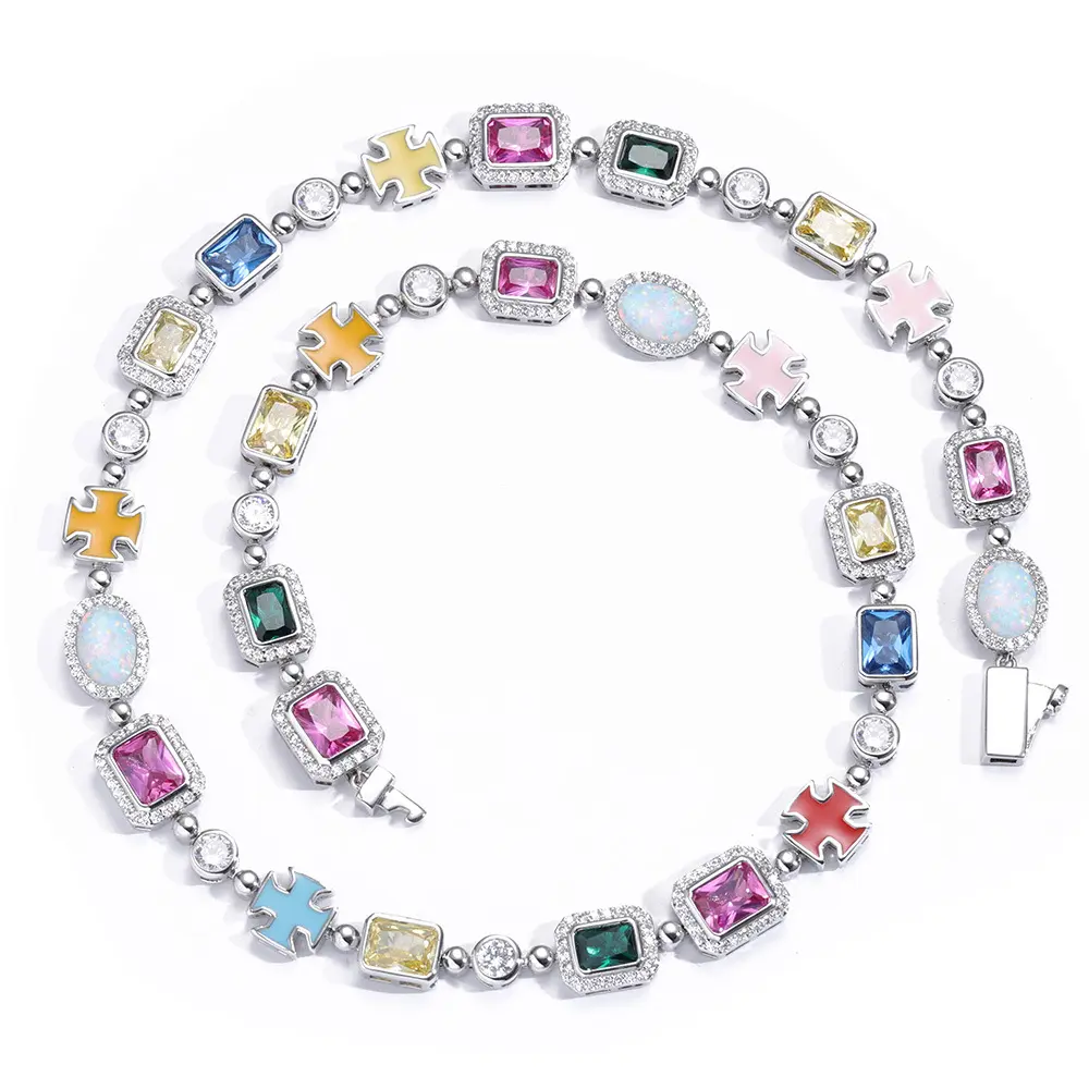 Hip-Hop Style, Colorful Ice Crystal Gemstone Necklace, Unisex Couple Gift Jewelry, Elegant Pink Trend