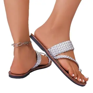 Summer simple woven strap large size flat toe slippers for women lightweight beach sandals for women