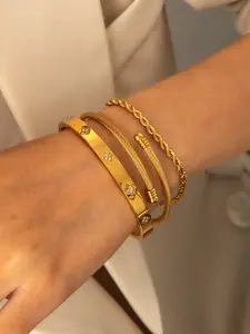 New Titanium Steel Fashion 18k Bracelet Set, Rhinestone Braided Rope Ring, Twisted Chain Wristband, 3 Piece Jewelry Collection, Elegant Jewelry Bracelet, High Quality Bracelet