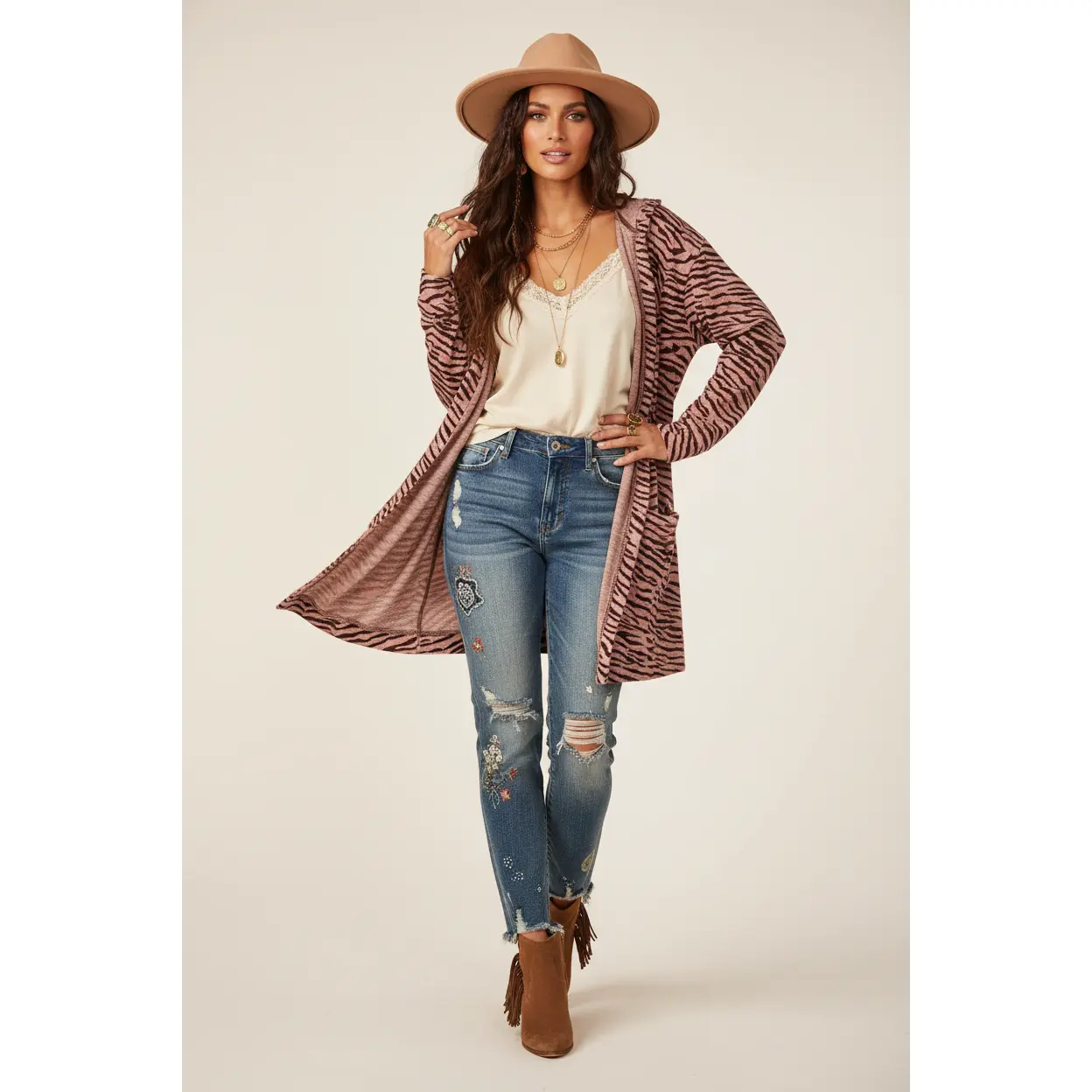 Women's Cozy Mackenzie Cardigan-Sweater, Cream Mauve Zebra Print Clothes with Spandex Fabric