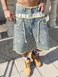 Summer Seven-Quarter Jeans with Rhinestones, Casual Loose-Fit Denim Shorts, Breathable Streetwear for Daily Commute, Trendy Hip-Hop Style