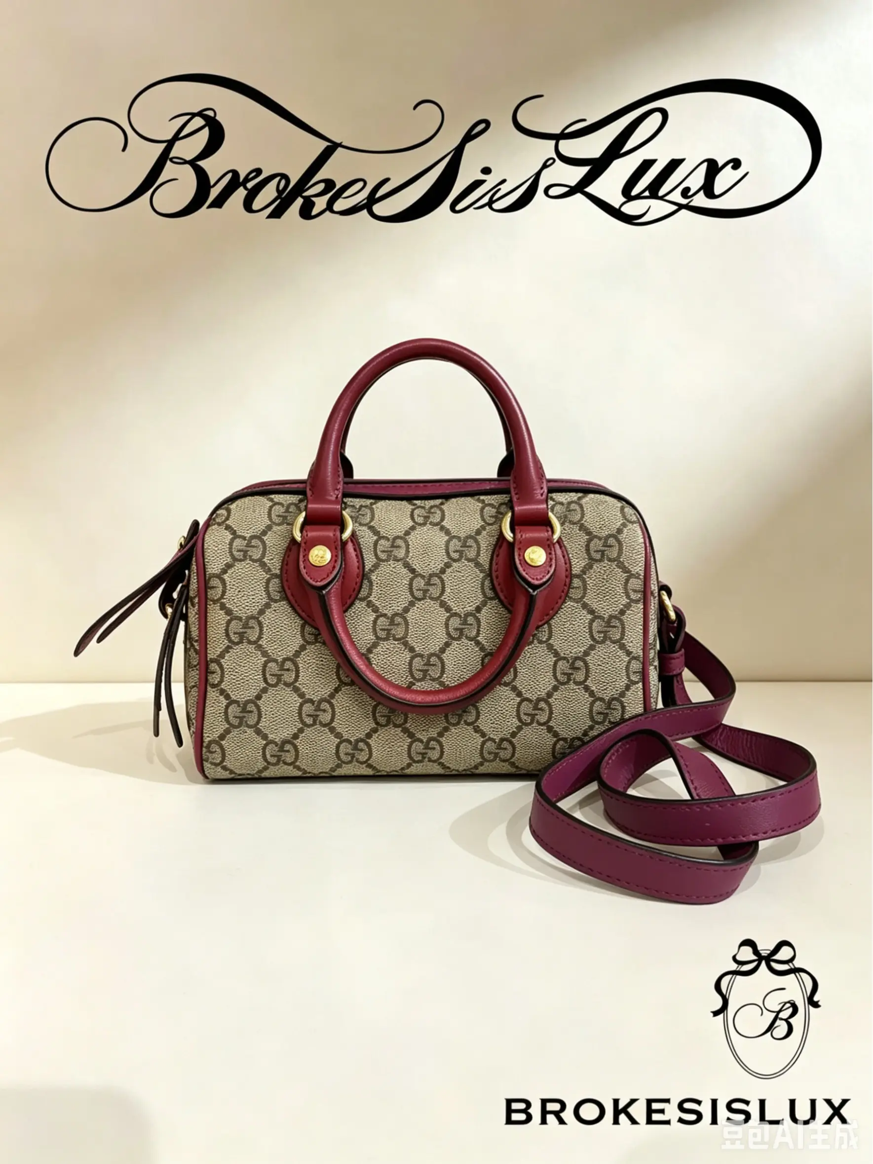 Pre-owned GUCCI GG Supreme Mini Boston Bag with Red Leather Trim