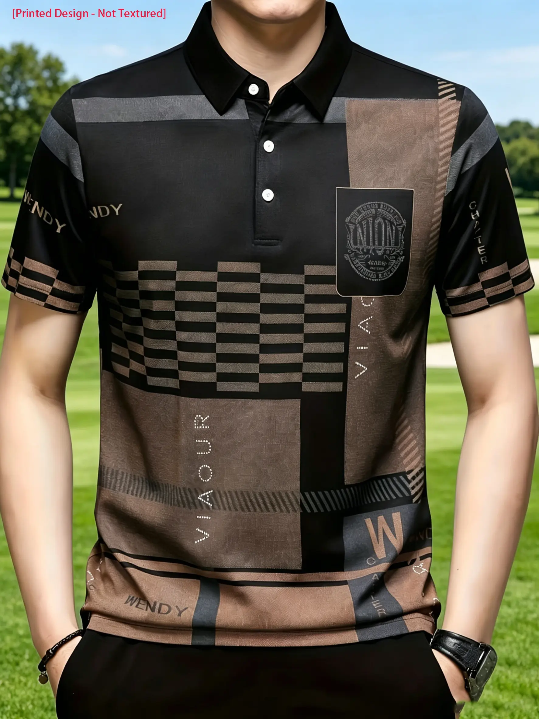 Men's Short Sleeve Polo Shirt with Geometric Block Print - Button Placket Golf Top, Casual Button-Front Collar Shirt Suitable for Golf, Office & Casual Attire, Machine Washable Spring/Autumn Style (No Transparency)