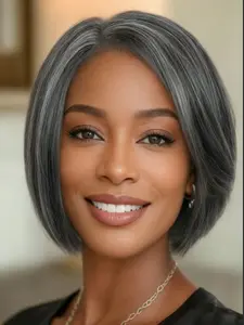 Women's Short Salt Pepper Bob Wig, Straight Synthetic Full Hairpiece, Heat Resistant Natural Look Role Play Wig