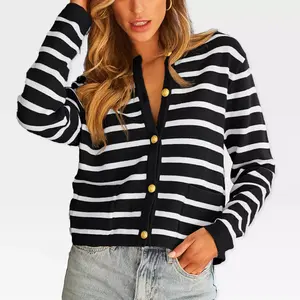 Womens Cardigan Sweaters Front Button Stripes Cardigan At Waist Long Sleeve Casual Sweater Jackets Soft Open Front Cardigan,White Stripes - M