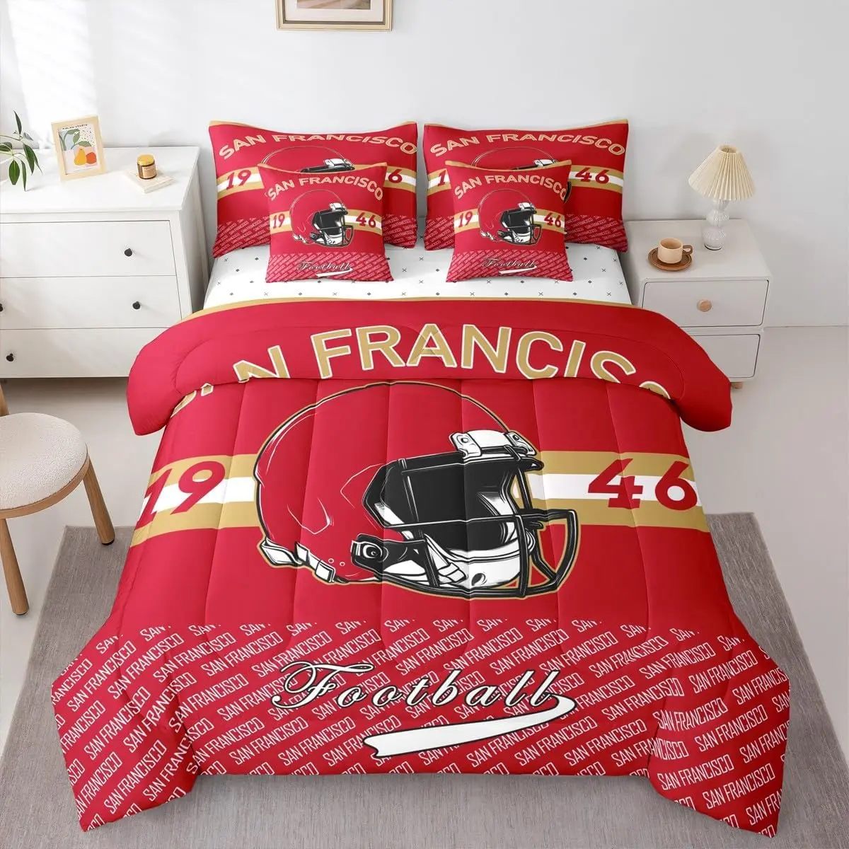 Football Comforter Set with Sheets 7 Piece San Francisco Bedding Set Football City Bed in a Bag Sports Games Room Decor Soft Lightweight Microfiber