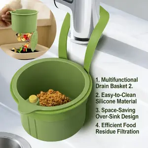 Multi-use as food residue filter, hangable sink strainer, one-touch drainer, detachable basket, faucet drainer & kitchen plant stand. Ideal for draining sponges, dishcloths, soaps. For kitchen & bathroom. Not for food contact.