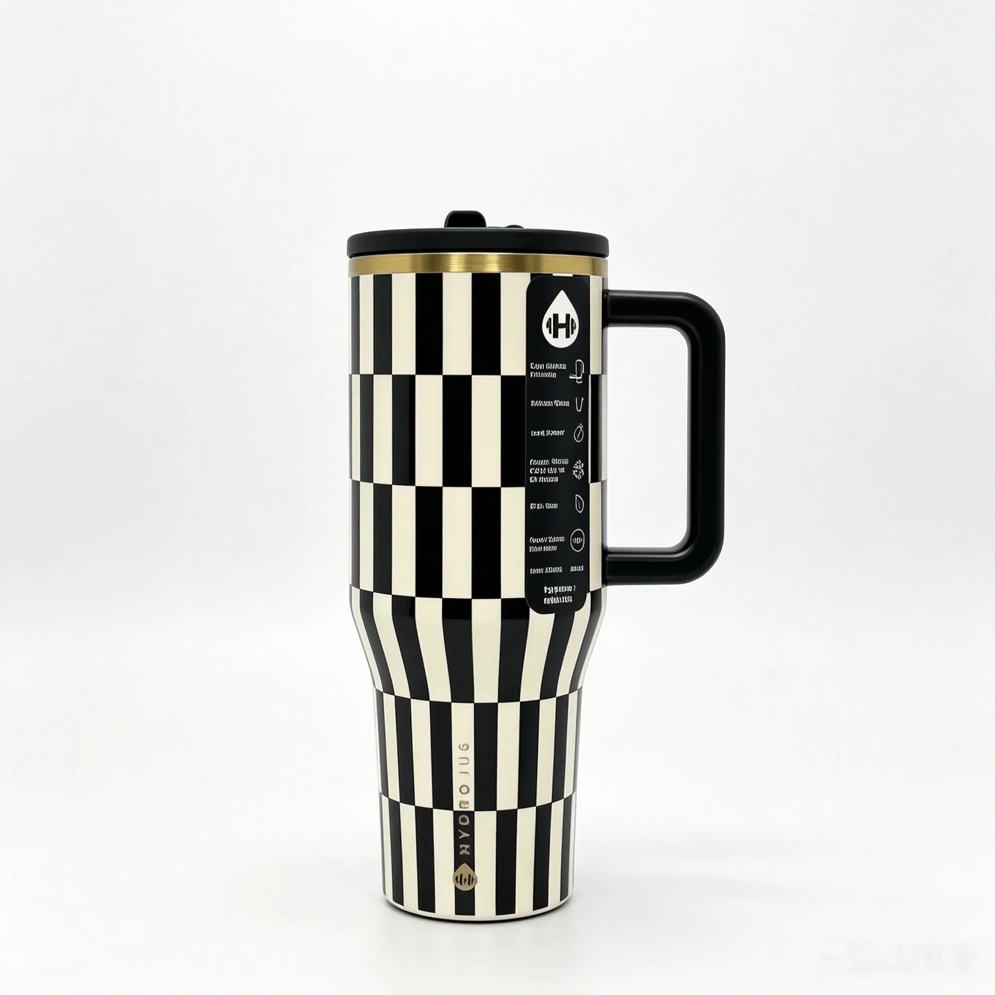 HydroJug 40oz (1,000-2,000 ml) Black & White Checkered Vacuum Insulated Flask - Aesthetic Modern Double Wall Stainless Steel Drinkware, Leakproof, Anti-Scalding, 24H Cold Retention, Portable with Straw, Travel-Friendly Kitchenware Mug, Flasks, Stylish
