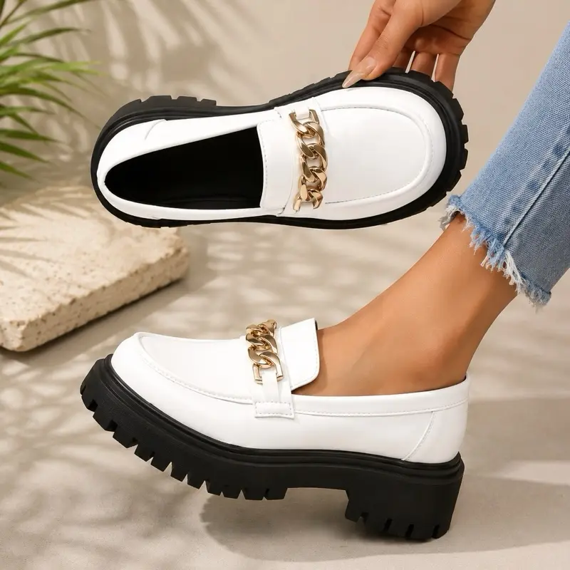 Women’s Chunky Chain Loafers - Classic Slip-On Platform Shoes for Casual, Dress Occasions