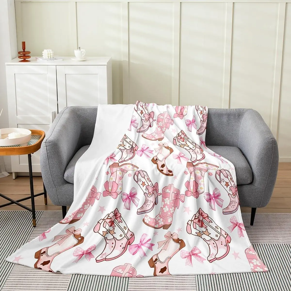 Cowgirl All Season,Bed Blanket Set Pink Bowknots Plush Throw Blanket,Sofa Couch Western Cowboy Boots Flannel Fleece Blanket Dreamy Princess Bow Bedroom Collection Throw