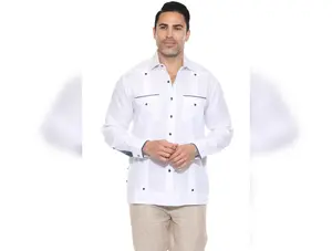 Men’s Long Sleeve Premium Linen Guayabera Shirt with Pop-Color Pocket Trim
