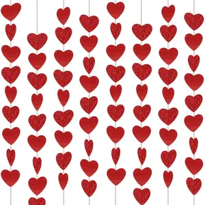 8 Packs Red Glitter Heart Garland- NO DIY - Heart Garland Decorations - Valentines Day Red Heart Hanging String Garland - Valentines Day Decorations - Valentine's Day Party Decorations Supplies